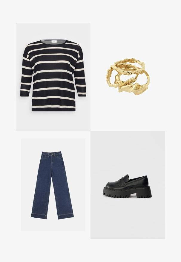 Mustavalkoinen raidallinen pitkähihainen paita pyöreällä kaula-aukolla ja löysällä istuvuudella; pehmeä kangas, vaakaraidat ja 3/4-hihat.; Vyötäröltä leveät farkut tummansinisestä denimmateriaalista. Varustettu viidellä taskulla, vyölenkeillä ja näkyvillä sauman yksityiskohdilla. Raaka helma alareunassa.; Musta nahka loafer paksulla, kokeellisella kumipohjalla, jossa on sahalaitareuna ja yksi koristeellinen metallinen yksityiskohta päällisessä.; Kultaiset kierretty rengas pinotut yhteen, joissa on teksturoitu muotoilu ja sileät, kaarevat reunat, luoden orgaanisen, virtaavan ilmeen.