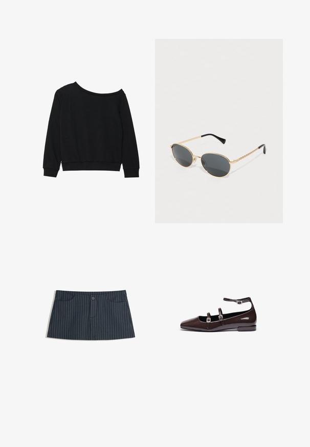 Black off-shoulder sweatshirt with long sleeves, ribbed cuffs, and waistband in a soft, lightweight fabric. Simple, unembellished design.; Navy blue pinstripe mini skirt with front pockets and a single button closure at the waist.; Brown patent leather flats with a pointed toe, featuring two adjustable straps and silver buckles, and a low, squared heel.; Oval sunglasses with dark lenses, gold metal frame, and braided gold sides. Black tips on the arms enhance design.; Brown woven leather tote bag with two handles, a structured shape, and a textured surface, featuring a diamond pattern throughout.