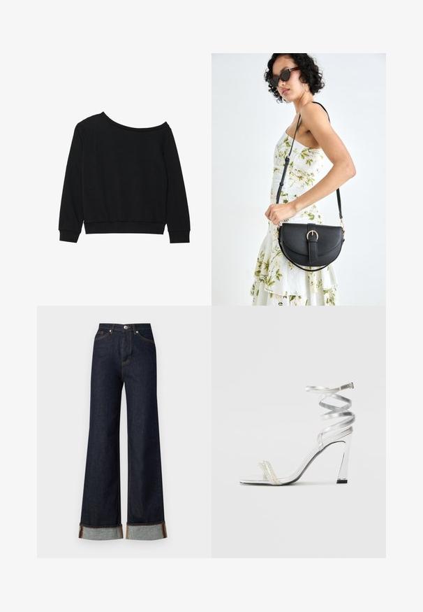 Črna off-shoulder trenerka z dolgimi rokavi, rebrastimi manšeti in pasom iz mehkega, lahkega blaga. Preprost, brez okrasitev.; Vero Moda VMTESSA WIDE FOLD UP - Široke hlačnice - dark blue denim; Srebrna visoka sanda s sijočim dizajnom trak, ki vsebuje akcent v obliki bisera in spiralno pašček okoli gležnja za varen oprijem.; Črna usnjena torbica s ukrivljeno obliko, z odstranljivo naramnico in zlatimi dodatki. Torbica ima pokrov s podrobnostmi v obliki zaponke.