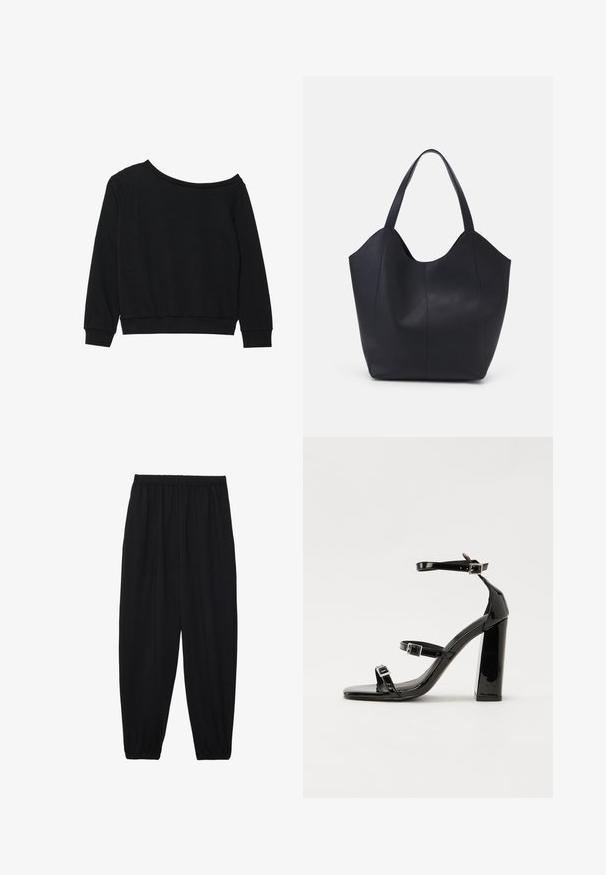 Juoda off-shoulder megztinis su ilgomis rankovėmis, guma rankogaliuose ir juosmyje, pagamintas iš minkštos, lengvos medžiagos. Paprastas, nepuošnus dizainas.; Juodi, lengvi kelnių su elastinga juosmens juosta ir surinktais kulkšniais. Audinys yra lygus ir turi atsipalaidavusį, siaurėjantį dizainą.; Juodos patentuotos aukštakulnės basutės su dviem sagtelėmis, kvadratine nosimi ir stambiu blokiniu kulnu, pasižyminčios lygiu, blizgiu paviršiumi.; Juodas rankinės maišelis, pagamintas iš lygaus odos, su išlenktu atviru viršumi, dviem petinėmis dirželis ir minimalistiniu dizainu.