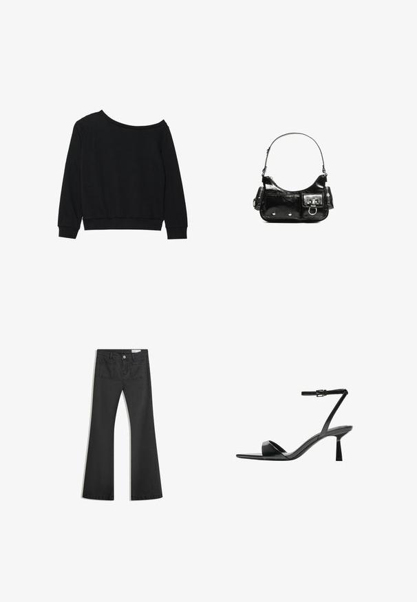 Fekete, vállról lenge pulóver hosszú ujjakkal, bordás mandzsetta- és derékpánttal, puha, könnyű anyagból. Egyszerű, díszítés nélküli dizájn.; Fekete, sima textúrájú farmer flare nadrág, két hátsó zsebbel és gombos derékkal.; Bershka Magas sarkú szandálok - black; Fekete lakkbőr kézitáska ívelt formával, egy vállpánttal, elülső zsebekkel és ezüstszínű fémrészletekkel.