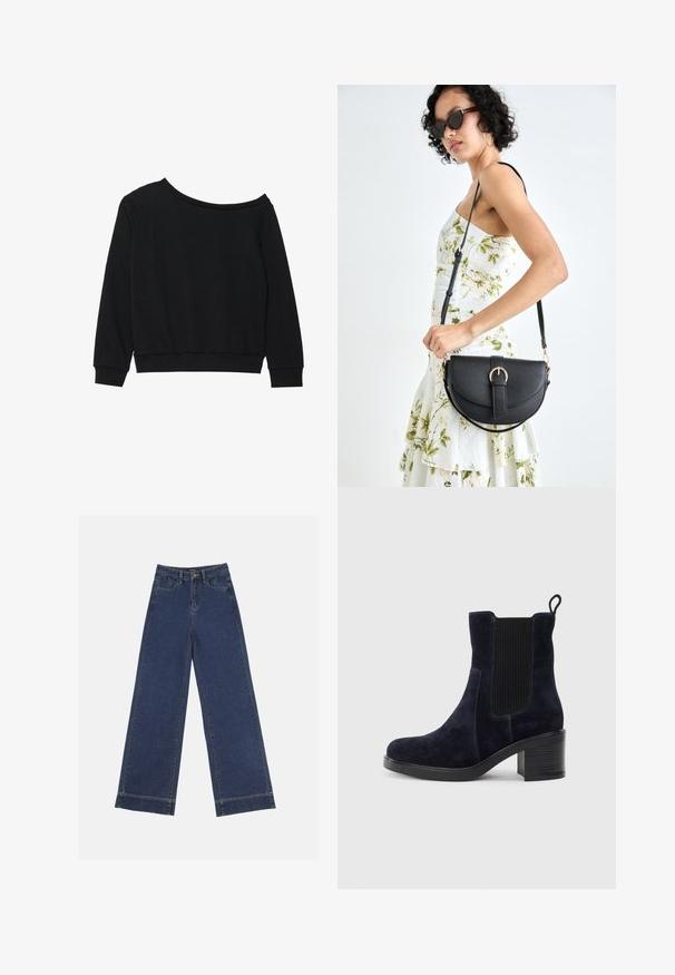 Black off-shoulder sweatshirt with long sleeves, ribbed cuffs, and waistband in a soft, lightweight fabric. Simple, unembellished design.; Wide-leg jeans in dark blue denim. Features five pockets, belt loops, and a raw hem at the bottom with visible stitching details.; Navy blue suede ankle boot with elastic side panel, rounded toe, and block heel. Textured fabric and smooth sole add contrast.; Black leather handbag with a curved shape, detachable strap, and gold hardware. The bag features a flap with a buckle detail.