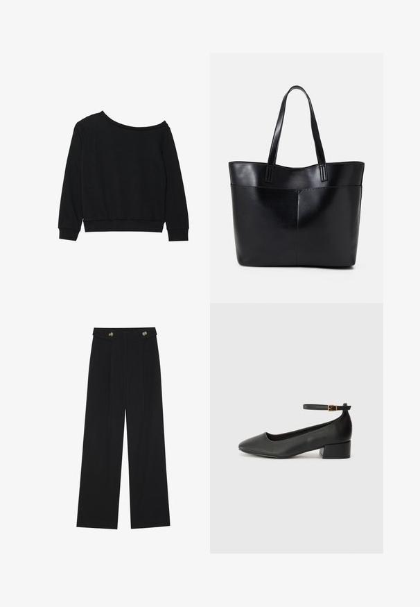 Zwarte off-shoulder sweatshirt met lange mouwen, geribbelde manchetten en tailleband in een zachte, lichtgewicht stof. Eenvoudig, onopgemaakte ontwerp.; Zwarte wijde broek met hoge taille, knoopdetails op de tailleband en plooien aan de voorkant.; Zwarte leren pump met een spitse neus en een lage blokhak. Beschikt over een enkelband met een goudkleurige gespsluiting. Gladde textuur.; Zwarte leren tote bag met twee lange handvatten, een zachte textuur en een gestructureerde vorm. Voorzien van een voorvak voor extra opslagruimte.