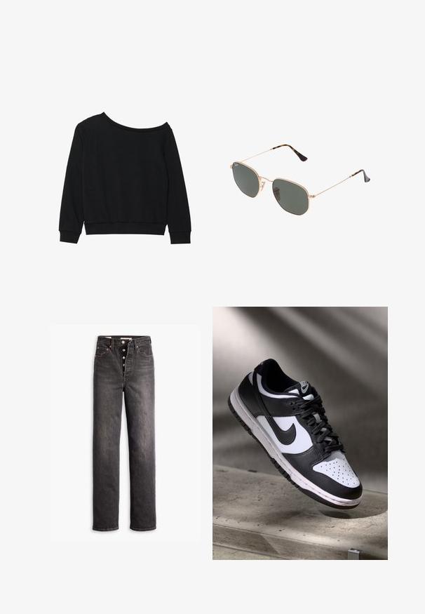 Sort off-shoulder sweatshirt med lange ærmer, ribstrikkede manchetter og talje i et blødt, let stof. Simpelt, udekoreret design.; Sorte højtaljede jeans med lige ben-design, lavet af denim. Features en knaplukning, kobberdetaljer og kontrastsyninger.; Sorthvid Nike Dunk Low sneakers med læderoverdel, perforeret tåboks og sorte snørebånd, udstyret med en hvid sål og logo accenter.; Guldmetallisk brille med mørkegrønne linser, aviator-stil, med slanke arme og skildpadde-mønstrede detaljer på spidserne.; Sort tote bag med geometrisk mønster, lavet af tekstureret materiale. Har robuste håndtag og et mærke, samt en struktureret form.