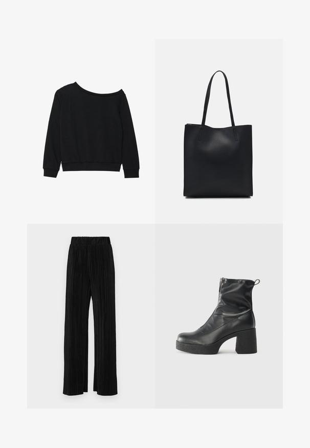 Felpa nera off-shoulder con maniche lunghe, polsini e vita a costine in un morbido e leggero tessuto. Design semplice e privo di decorazioni.; Pantaloni neri a plissé con vita elasticizzata. Presentano gamba ampia e un tessuto liscio e texture con strisce verticali.; Stivali neri alla caviglia in pelle liscia, con zip laterale, tacco spesso e texture, e punta arrotondata.; Borsa tote in pelle nera con texture liscia, forma rettangolare e due manici lunghi. Nessun hardware o decorazione visibile.