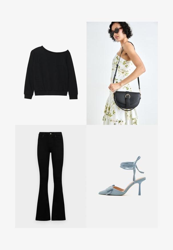 Sudadera negra sin hombros con mangas largas, puños y cintura de canalé en una tela suave y ligera. Diseño simple y sin adornos.; Jeans negros de cintura alta con cierre de botón y cremallera, bolsillos frontales y piernas acampanadas, dispuestos sobre un fondo blanco.; Zapato de tacón alto de punta afilada en tela azul claro con un acabado texturizado, que presenta un lazo decorativo y una correa en el tobillo para un ajuste seguro.; Bolso de piel negra con forma curva, correa desmontable y herrajes dorados. El bolso cuenta con una solapa con un detalle de hebilla.