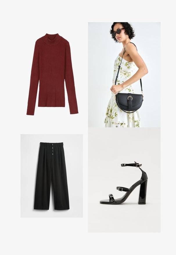 Ribota, bordinė golfas su ilgomis rankovėmis ir pritaikytu siluetu. Minkšta tekstūra, minimalistinis dizainas ir nematomi elementai.; Plačios juodos kelnės, pagamintos iš tekstūruoto audinio. Su aukštu liemeniu, penkių mygtukų priekinis uždarymas ir paspaustos klostės, kad suteiktų papildomą detalę.; Juodos patentuotos aukštakulnės basutės su dviem sagtelėmis, kvadratine nosimi ir stambiu blokiniu kulnu, pasižyminčios lygiu, blizgiu paviršiumi.; Juodas odinis krepšys su išlenkta forma, nuimamu dirželiu ir auksiniais detalėmis. Krepšys turi kilpą su sagtimi.