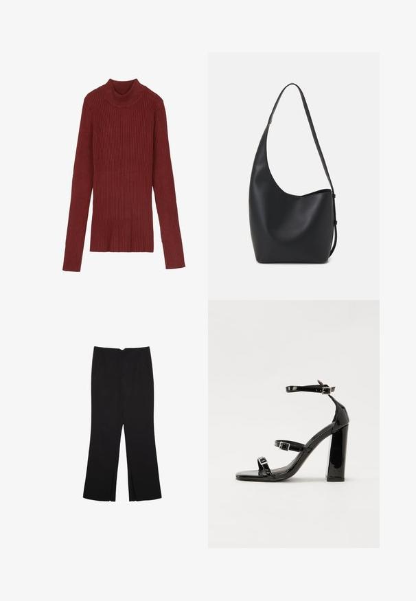 Rebrasti, bordo džemper s visokim ovratnikom, dugim rukavima i prilagođenim krojem. Mekana tekstura, minimalistički dizajn i bez vidljivih detalja.; Crne hlače ravnog kroja, s prednjim džepovima i bočnim prorezima na rubu. Izrađene od mekog i glatkog materijala. Pogodne za razne prigode.; Crne lakirane sandale na visoku petu s dva remena s kopčama, kvadratnim vrhom i masivnom blok petom, s glatkom, sjajnom teksturom.; Crna kožna hobo torba s glatkom teksturom, zakrivljenim oblikom i jednom podesivom trakicom; ima širok otvor na vrhu.