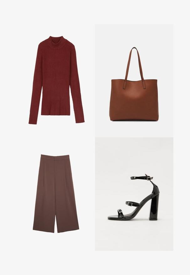 Musta, maroon pitkähihaisen turtleneck-neuleen, jossa on ribbikuviointi ja istuva siluetti. Pehmeä rakenne, minimalistinen muotoilu ja ei näkyvää varustelua.; Ruskeat leveälahkeiset housut, joissa on sileä pinta, korkea vyötärö ja etupleat. Kangas on kevyttä ja laskeutuu väljänä.; Musta kiiltävä korkokenkä sandaalit neliönmuotoisella varpaalla, nilkkaremmillä ja hopeisilla soljilla. Varustettu tukevalla lohkokorkealla vakauden takaamiseksi.; Ruskea nahkainen olkalaukku, jossa on sileä pinta, avoin yläosa ja kaksi olkahihnaa. Omaavat vain minimaalisen ompelun eikä näkyvää metalliosaa.