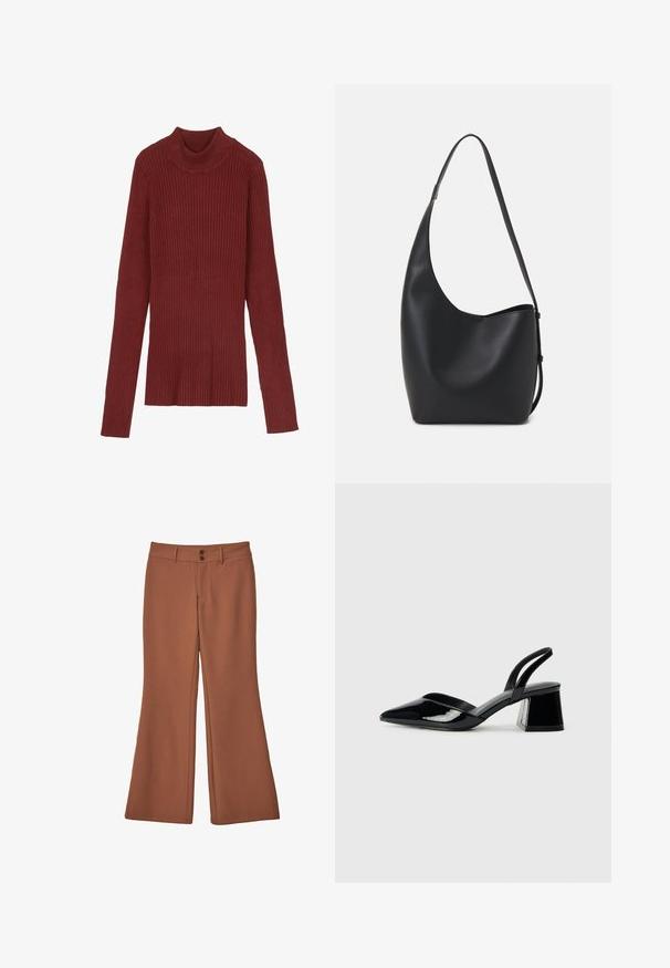 Rebrasti, bordo džemper s visokim ovratnikom, dugim rukavima i prilagođenim krojem. Mekana tekstura, minimalistički dizajn i bez vidljivih detalja.; Smeđe široke hlače od mekog materijala. Imaju dva prednja dugmeta i glatku teksturu bez vidljivih uzoraka ili akcenta.; Crne lakirane kožne sandale s otvorenom petom i špicastim vrhom, s geometrijskom blok petom. Imaju elegantan, minimalistički dizajn i glatku teksturu.; Crna kožna hobo torba s glatkom teksturom, zakrivljenim oblikom i jednom podesivom trakicom; ima širok otvor na vrhu.