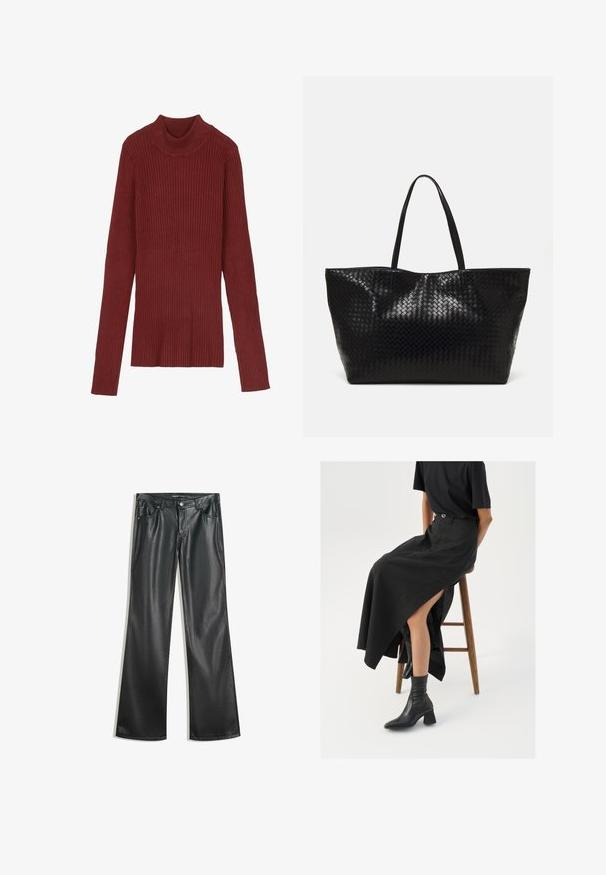 Ribana, maroon turtleneck pulover z dolgimi rokavi in oprijetim krojem. Mehak otip, minimalističen dizajn in brez vidnih delov.; Črne hlače s širokimi nogavicami iz umetnega usnja z gladko teksturo, pet žepov, zadrgo spredaj in kontrastnim šivanjem.; Črna lanena maxi krilo z visokim razporkom, oblečeno s črno majico in črnimi gležnjarji. Minimalističen dizajn z udobnim krojem.; Črna tkanina torba s trdnimi ročaji, ki ima sijočo teksturo in prostoren odprt zgornji dizajn.