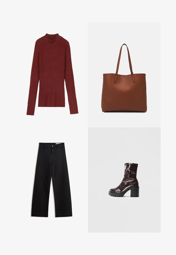 Ribbed, maroon turtleneck sweater with long sleeves and a fitted silhouette. Soft texture, minimalistic design, and no visible hardware.; Black wide-leg denim pants with a high waist, featuring front and back pockets, stitched seams, and a button closure. Smooth texture.; Glossy burgundy ankle boot with a chunky black heel, featuring a smooth texture and simple design. No visible fastenings or patterns.; Brown leather tote bag with a smooth texture, open top design, and two shoulder straps. Features minimal stitching and no visible hardware.