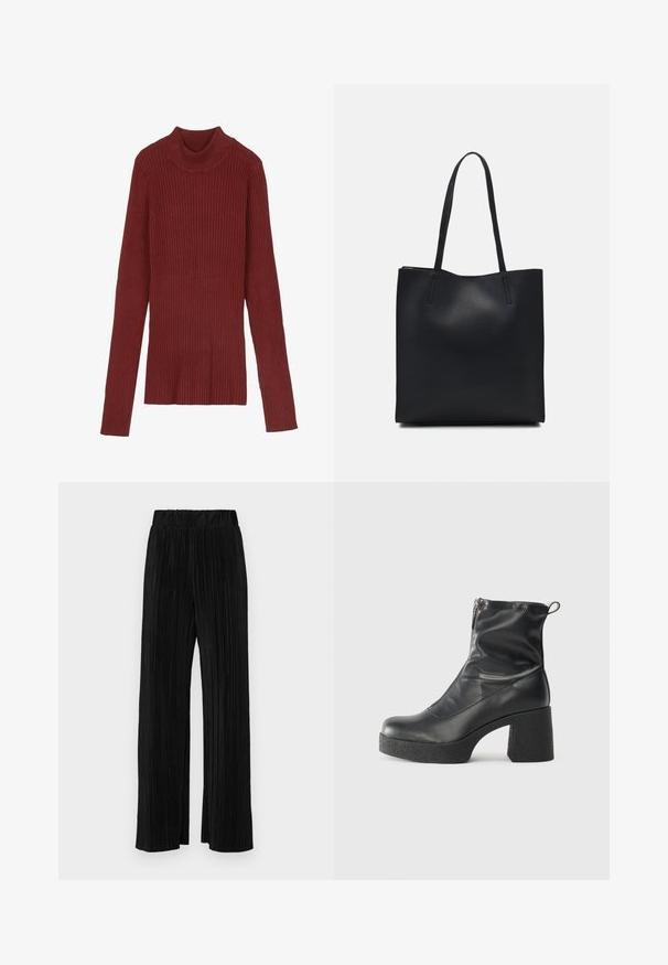 Sweater de gola alta em bordeaux, com riscas, mangas longas e silhueta justa. Textura suave, design minimalista e sem peças hardware visíveis.; Calças pregueadas pretas com uma cintura elástica. Apresentam pernas largas e um tecido liso, texturizado com riscas verticais.; Botas de tornozelo pretas feitas de couro liso, com fecho lateral, salto grosso texturizado e design de bico arredondado.; Bolsa tote preta em couro com textura lisa, forma retangular e duas alças longas. Sem hardware ou enfeites visíveis.