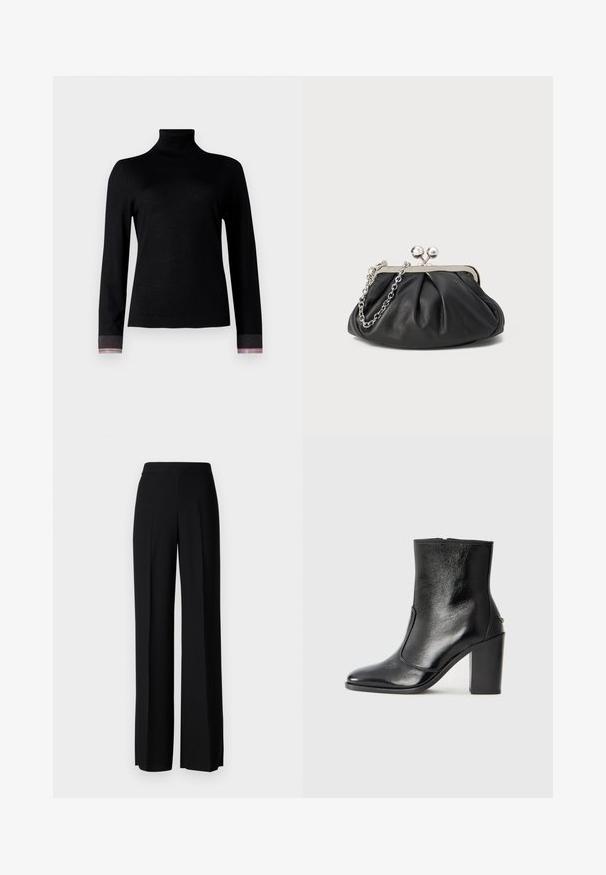 PS Paul Smith WOMENS SWEATER ROLL NECK - Jumper - black; Black wide-leg trousers with a smooth texture, featuring a high waistband and center pleats. No visible patterns or hardware details.; Black leather ankle boot with a smooth texture, pointed toe, and a chunky high heel. Features a side opening and minimalistic design.; Black leather clutch with gathered texture, silver-tone metal frame, kiss-lock closure, and chain strap. Smooth, soft surface.
