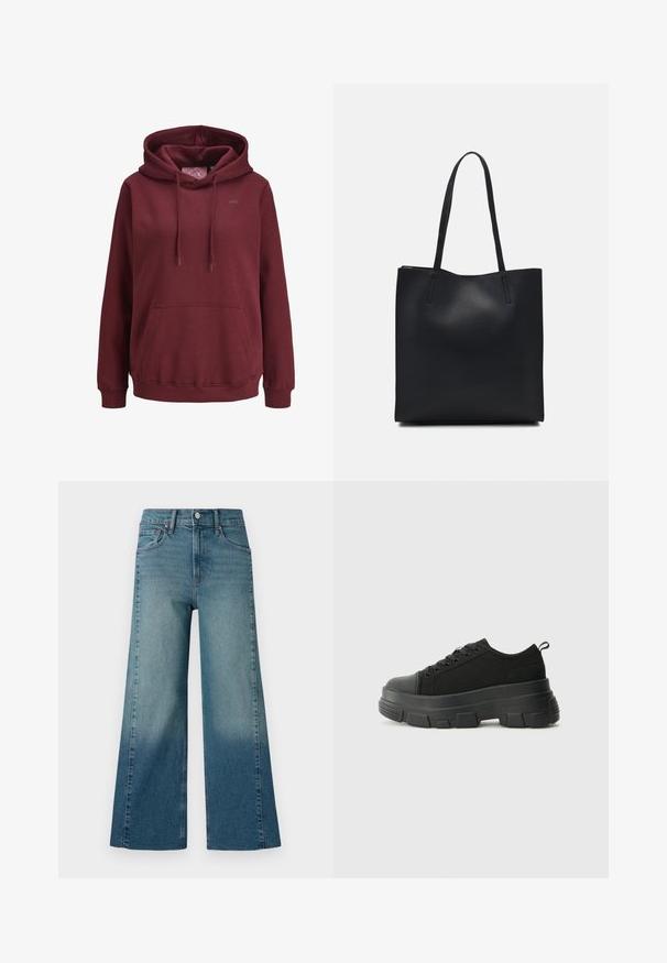 Hanorac burgundy realizat dintr-un material moale, cu buzunar frontal tip kangaroo, șnururi ajustabile și un mic logo pe piept.; Jeans cu picioare largi, într-o nuanță medie de albastru, având un efect de gradient de la mai închis la mai deschis. Fabricate din denim cu un design tradițional cu cinci buzunare.; Adidași negri cu talpă groasă din cauciuc, superior din material texturat, bot rotund și design cu șireturi. Include gauri întărite pentru șireturi și o buclă pe spate.; Geantă tote neagră din piele, cu textură netedă, formă rectangulară și două mânere lungi. Fără hardware vizibil sau ornamente.