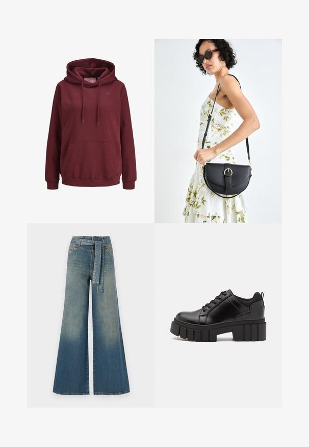 Bordo kapucar iz mehkega blaga s sprednjim kenguru žepom, nastavljivimi vrvicami in majhnim logotipom na prsih.; Široke jeans hlače z gradientom od svetlo do temno modre, visokim pasom, zankami za pas in pasom iz istega materiala. Tekstura denim končnica.; Črne usnjene platforme z debelim blokastim petam, okroglo konico in klasičnim vezanjem. Imajo gladko teksturo in minimalne podrobnosti.; Črna usnjena torbica s ukrivljeno obliko, z odstranljivo naramnico in zlatimi dodatki. Torbica ima pokrov s podrobnostmi v obliki zaponke.