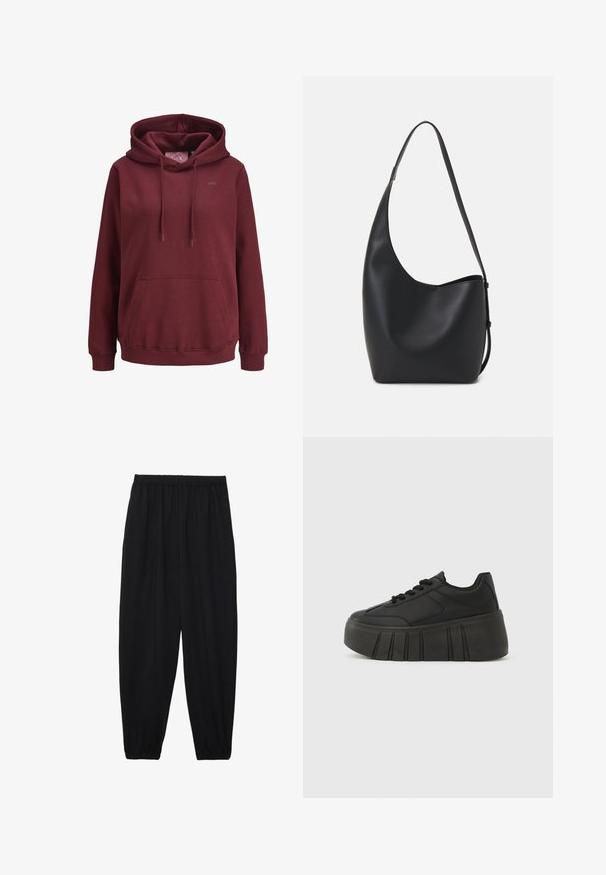 Bordeaux hoodie gemaakt van zachte stof met een voorzak, verstelbare trekkoorden en een klein logo op de borst.; Zwarte, lichte broek met een elastische tailleband en gathered enkels. De stof is glad en heeft een ontspannen, taps toelopend ontwerp.; Zwarte platform sneakers met een glad bovenwerk van synthetisch materiaal, een ronde neus, vetersluiting en een dikke, geribbelde zool voor extra lengte.; Zwarte leren hobo tas met een gladde textuur, kromme vorm en een enkele verstelbare schouderband; heeft een brede opening aan de bovenkant.