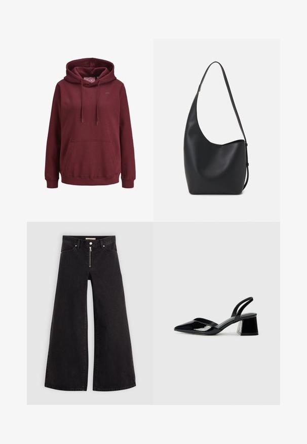 Sweatshirt burdeos feito de um tecido suave, com um bolso canguru na frente, cordões ajustáveis e um pequeno logotipo no peito.; Calças de ganga de perna larga em denim preto com fecho éclair à frente, design de cinco bolsos e detalhes de costura subtil. Textura suave e estilo casual.; Sandy em verniz preto com salto slingback, ponta afilada e salto geométrico. Apresenta um design elegante e minimalista com textura suave.; Saco hobo preto em pele com uma textura lisa, forma curva e uma única alça ajustável; apresenta uma abertura larga na parte de cima.