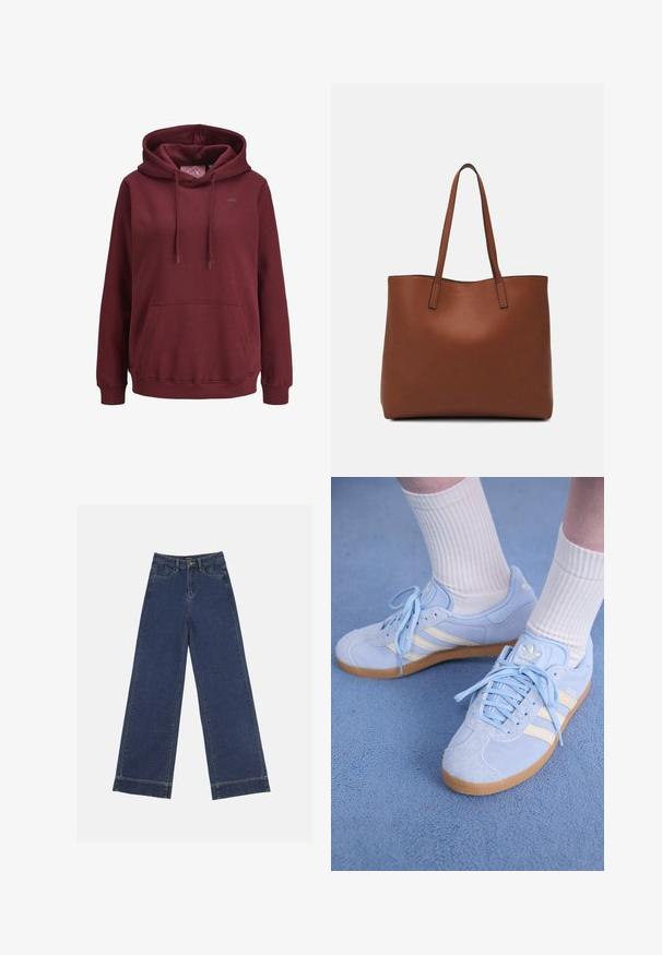 Bordo kapucar iz mehkega blaga s sprednjim kenguru žepom, nastavljivimi vrvicami in majhnim logotipom na prsih.; Široke traperice v temno modrem denimu. Imajo pet žepov, zanke za pas in surov rob na dnu z vidnimi šivi.; Svjetloplave suede tenisice s bijelim trakama, ravnim vezicama i gumenenim potplatom. Iznad gležnja su nošene rebraste bijele čarape.; Rjava usnjena torba z gladko teksturo, odprto zasnovo zgoraj in dvema naramnima trakovoma. Opremljena je z minimalnim šivanjem in brez vidnih kovinskih delov.