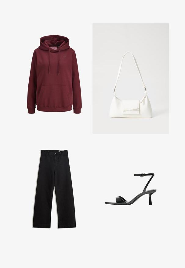 Burgundy hoodie made from soft fabric with a front kangaroo pocket, adjustable drawstrings, and a small logo on the chest.; Black wide-leg denim pants with a high waist, featuring front and back pockets, stitched seams, and a button closure. Smooth texture.; Bershka High heeled sandals - black; White synthetic handbag with a triangular shape, flat front flap and bow detail, adjustable strap, smooth texture, and minimalistic design.