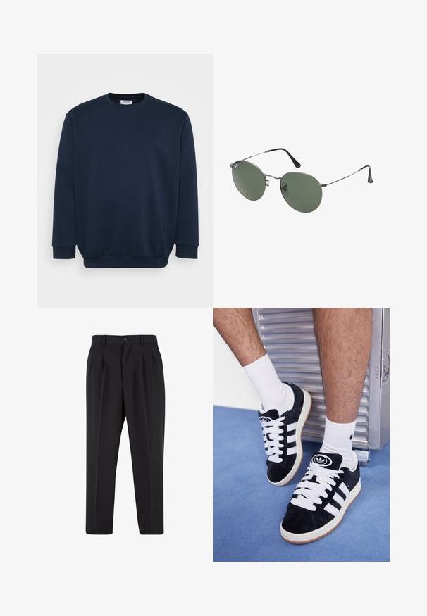 Tamnoplava dukserica izrađena od mešavine mekog pamuka, s okruglim izrezom, dugim rukavima i rebrastim manžetama i donjim rubom. Minimalistički dizajn bez uzoraka.; Crne hlače s nabranim prednjim dijelom, izrađene od glatkog materijala. Imaju zatvaranje na gumb i petlje za remen; ravne su krojen.; Crne nubuk tenisice s bijelim vezicama i tri bijele pruge. Imaju kružni crni logo na jeziku i gumeni potplat.; Naočale s metalnim okvirom i ovalnim zelenim staklima. Tanka srebrna metalna konstrukcija i crni silikonski jastučići za uši. Minimalistički dizajn, bez vidljivih logotipa.