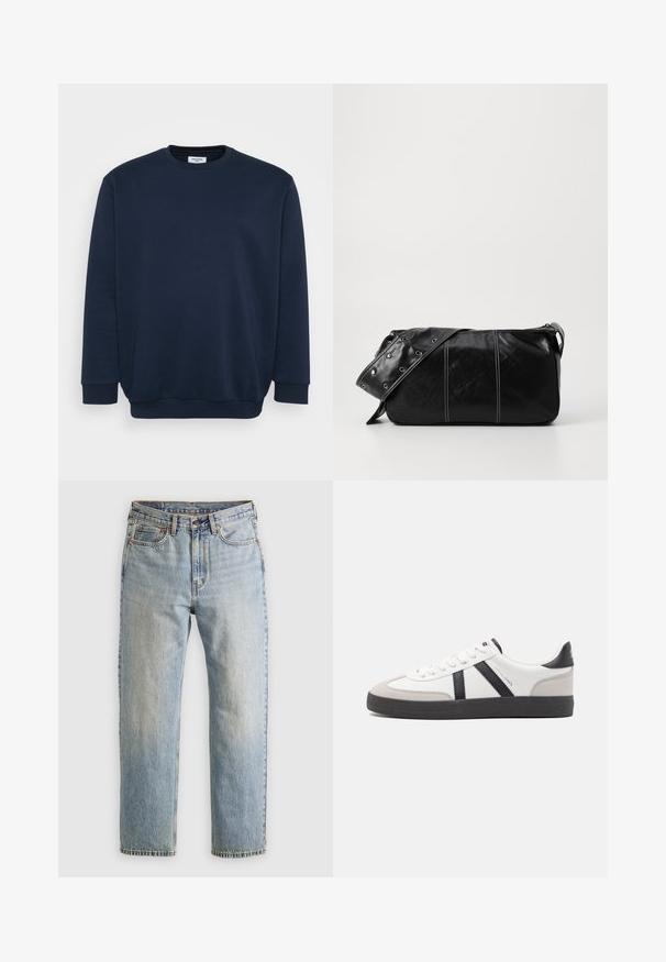 Hanorac bleu marin, fabricat dintr-un amestec moale de bumbac, cu guler rotund, mâneci lungi și manșete și tiv din material ribflat. Design minimalist, fără modele.; Jeans din denim de culoare albastru deschis, cu talie înaltă, nasture frontal, fermoar și design cu cinci buzunare, așezate platesc pe un fundal neutru.; Sneaker alb cu accente negre și gri, având un capac de vârf gri texturat, talpă din cauciuc negru și șireturi plate albe. Design elegant, stil minimalist.; Geantă de umăr din piele neagră cu închidere cu fermoar, având un corp texturat, cusături albe și o curea cu ochiuri argintii.