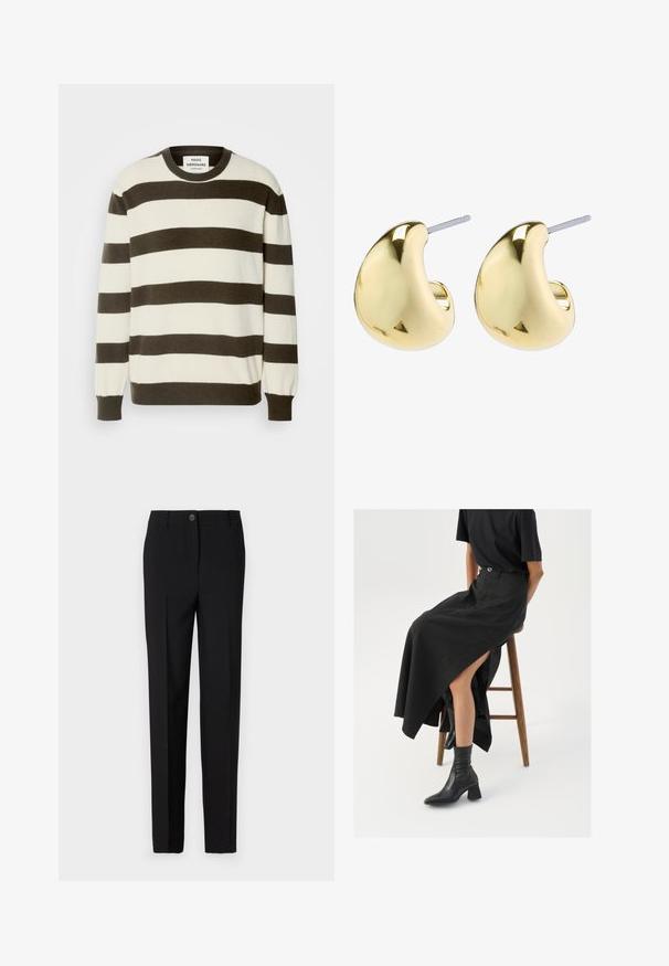 Neulepusero kermaisen värisenä, tummanruskeilla vaakasuorilla raidoilla. Pyöreä pääntie ja ribattu hihansuu. Pehmeä materiaali, normaali istuvuus.; Mustat muotolahkeiset housut, joissa on suora lahkeiden muotoilu, varustettuna nappikiinnityksellä ja vyölenkeillä, valmistettu sileästä kankaasta.; Musta pellavasta valmistettu maxi-hame, jossa on korkea halkio, puettuna mustan t-paidan ja mustien nilkkabootsien kanssa. Minimalistinen muotoilu, rento istuvuus.; Kultaiset korvakorut, joissa on sileä ja pyöreä muoto, heijastava pinta ja takana kiinnitettävä mekanismi, joka takaa turvallisen käytön.