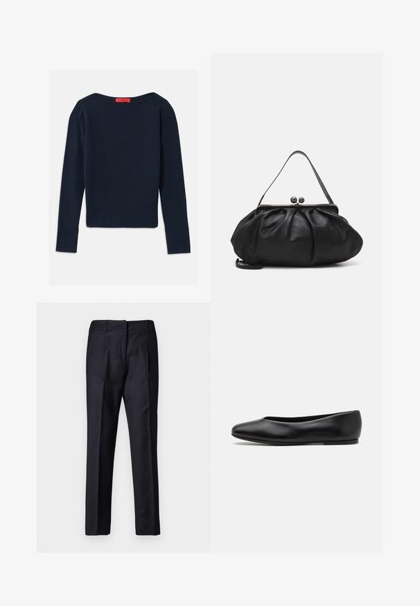 Mornarsko modra svetilka z dolgimi rokavi in okroglim izrezom, s rdečo oznako na ovratniku, prikazana na belem ozadju.; Mornarske krojene hlače z gladko teksturo, z ravnim sprednjim delom, dvema nabirmama in zankami za pas. Ravnokrojene hlače z končanim robom.; Paul Smith TOPANGA - Balerinke - black; Črna usnjena torbica za roke z zaobljeno, naborkano zasnovo. Opremljena je z metalnim zapiralom z dvema dekorativnima kroglicama in tankim, odstranljivim trakom.