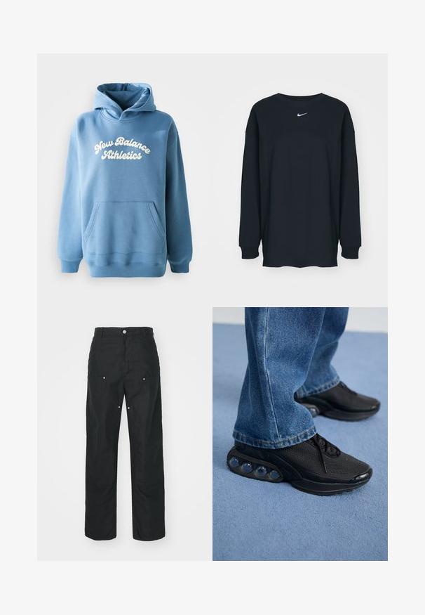 Modrá mikina s kapucí vyrobená z bavlněné směsi, která má klokánkovou kapsu a bílý logo "New Balance Athletics" na přední straně.; Černé tričko s dlouhým rukávem vyrobené z bavlny s kulatým výstřihem. Na hrudi se nachází bílé logo Nike. Měkká textura, jednoduchý design.; Černé kalhoty s rovnými nohavicemi, vyrobené z strukturované tkaniny. Obsahují dekorativní stříbrné prvky a unikátní švy.; Černé sportovní tenisky s síťovaným svrškem, texturovanými akcenty a viditelnými vzduchovými polštářky v podešvi. Nosené s modrými denimovými džíny.