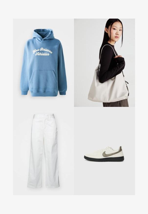 Hoodie azul feito de um tecido com mistura de algodão, apresentando um bolso tipo canguru e um logo branco "New Balance Athletics" na parte da frente.; Calças largas brancas feitas de algodão, com uma textura suave, corte reto, bolsos frontais e bainha limpa.; Nike Sportswear FIELD GENERAL - Sapatilhas - off-white/black; Uma bolsa bege feita de material macio, com um design descontraído, detalhes de costura e duas alças para o ombro. Adequada para uso diário.