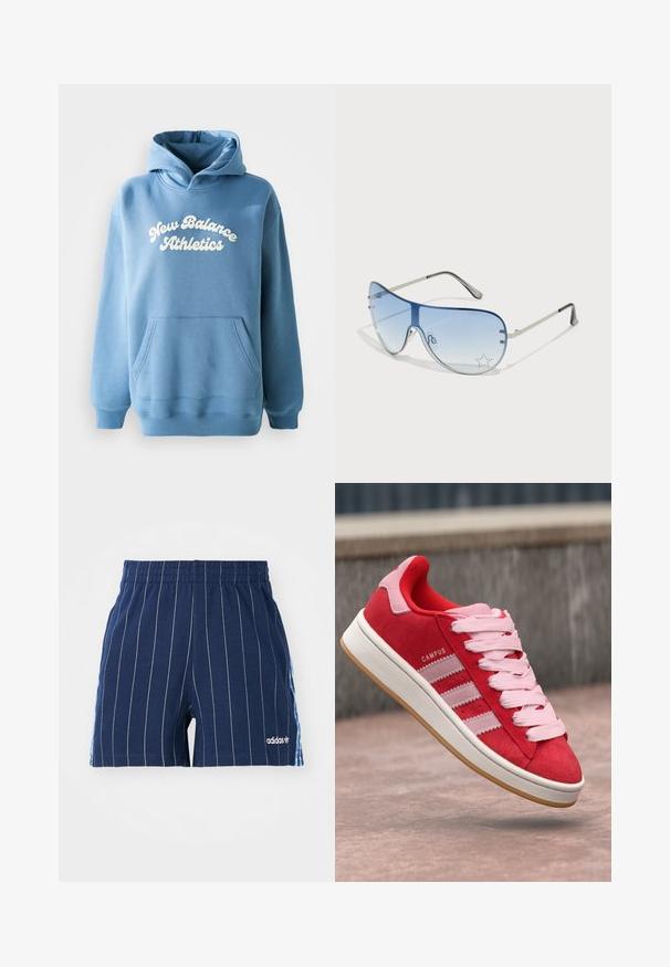 Zila kapuce izgatavota no kokvilnas maisījuma auduma, ar kanguru kabatu un baltu "New Balance Athletics" logo priekšpusē.; Jūras zila šorti ar baltām svītrām, elastīgu jostu un Adidas logo. Sānos ir zilas akcenti, izgatavoti no kokvilnas maisījuma materiāla.; Sarkanie zamšas sporta apavi ar rozā akcentiem, tiem ir trīs baltas svītras un gaiši rozā auklas. Balta starpsole un gumijas zole.; Pilotstila saulesbrilles ar gradienta zilām lēcām, sudraba metāla rāmjiem un dekoratīvām zvaigžņu akcentiem uz lēcām. Gluda un eleganta dizaina.