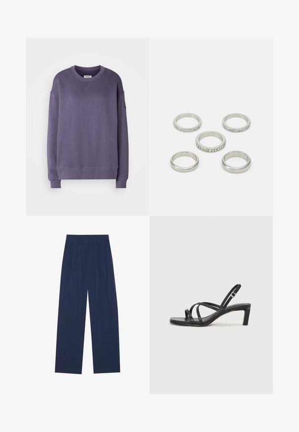 Purple crewneck sweatshirt with long sleeves, ribbed cuffs and hem, small front neck detail, and a black label patch on the left sleeve.; Navy blue wide-leg pants made of soft fabric, featuring front pleats, a smooth texture, and a straight fit with no visible pockets.; Black strappy sandal with a square toe and a low block heel. Features multiple thin straps and an adjustable ankle strap. Made of smooth leather.; Set of five silver rings in various designs, including one with a row of clear stones. Smooth and reflective metal finish.