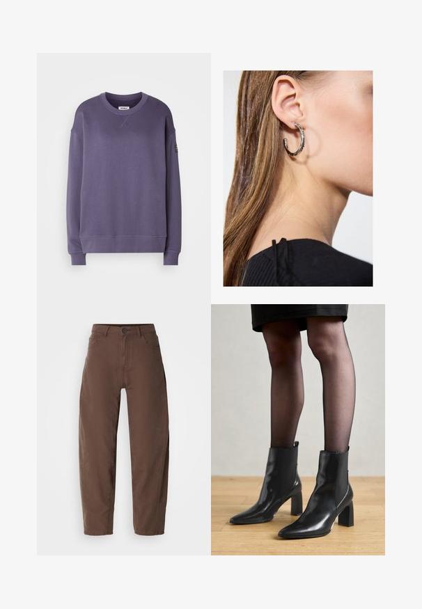 Lilla genser med rund hals og lange ermer, ribbestrikkede mansjetter og nederkant, liten detalj foran ved halsen, og en svart logo-lapp på venstre erme.; Brune rette bukser med frontknap og lynlås, bæltestropper og sidelommer, vist på en hvid baggrund.; Sorte ankelstøvler i skinn med spiss tå, chunky firkantet hæl, og slank design. Har elastiske sidede paneler for enkel påføring.; Sølv ringøredob med en polert finish, med små gull detaljer og en rund form, båret på øreflippen.