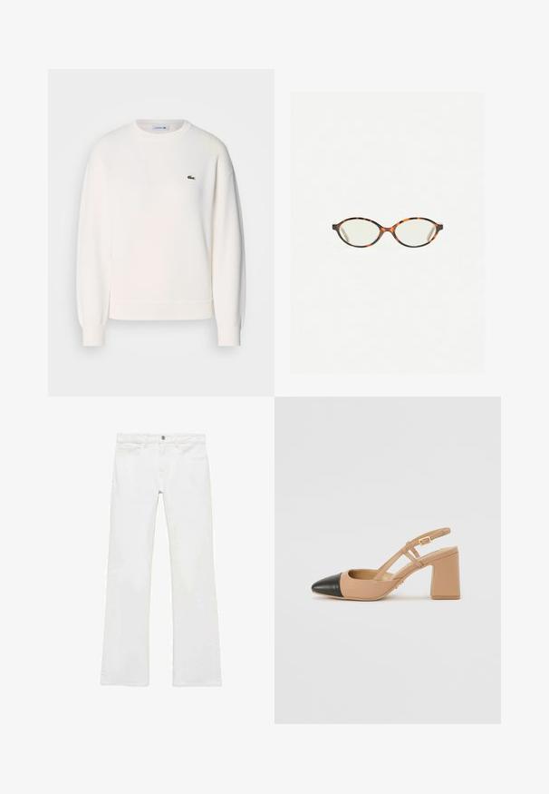 Bela dukserica izdelana iz mehke tkanine, s krožnim izrezom, dolgimi rokavi, rebrovanimi manšetami in majhnim zelenim logotipom Lacoste na prsih.; Bele flared kavbojke iz gladkega bombažnega blaga, s petimi žepi, kovinskim zaklepanjem in zankami za pas. Noge imajo rahlo detajlno oblikovanje.; Bež sandala z zanko, ki ima črn kap toe, kvadratno visoko peto in dva dodatka z naramnicama, izdelana iz gladkega materiala.; Kornjačaste očala z ovalnimi lečami in gladko, sijočo površino. Imajo tanke stranice z rahlim ovinkom na templjih. Prosojne leče.