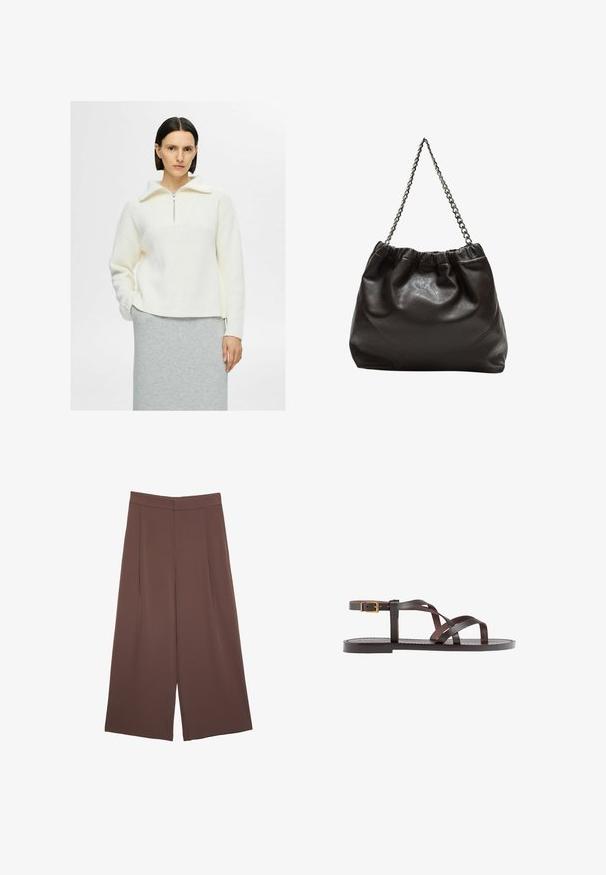 Weißer Strickpullover mit einem Viertelreißverschluss-Kragen, strukturiertem Muster und Schulterdesign mit tiefem Sitz. Kombiniert mit einem grauen Rock.; Braune Weite-Leg-Hosen mit einer glatten Textur, hoher Taille und Vorderfalten. Der Stoff ist leicht und fällt locker.; Braune Leder-Sandale mit überkreuzten Riemen, einem Knöchelriemen mit Schnalle und einer flachen Sohle mit minimalen Nähdetails.; Braune Lederhandtasche mit gerafftem Oberteil und Kettenriemen. Glatte Textur mit glänzendem Finish und subtilen Nahtdetails an den Seiten.