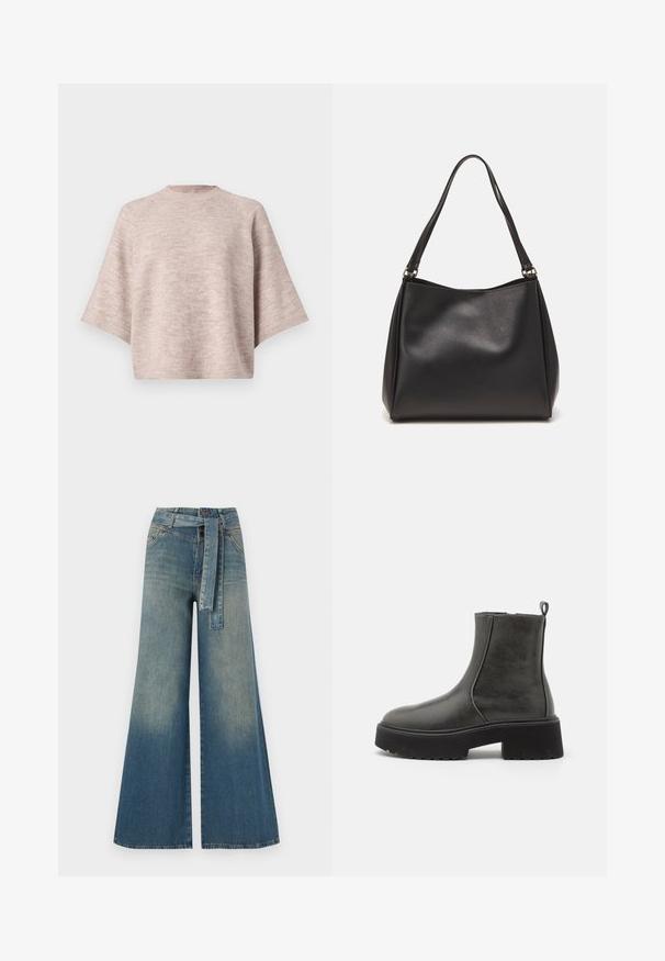 Lichtroze oversized trui met een ronde hals, brede mouwen en een zachte, gebreide textuur. Geen zichtbare patronen of hardware details.; Wijduitlopende denim broek met een lichte naar donkere blauwe gradient, hoge taille, riemlussen en een bijpassende stoffen riem. Gestructureerde denimafwerking.; Zwarte enkellaarzen met een gladde synthetische bovenkant, elastische zijkanten, een treklip en een stevige rubberen zool.; Zwarte synthetische leren handtas met een zachte textuur, hobo-vorm en dubbele schouderbanden; heeft een glanzende afwerking en een minimalistisch ontwerp.