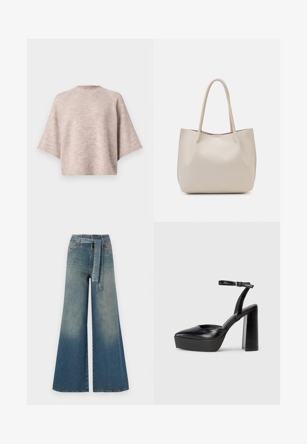 Heled roosa ülekaaluline sprei, millel on ümmargune kaelus, laiad varrukad ja pehme, kudumiteksure. Ei ole nähtavaid mustreid ega metalldetailide.; Laiad denimpüksid, millel on hele tume sinine gradiendiefekt, kõrge vöökoht, vöökumlid ja sobivast kangast vöö. Struktureeritud denimi viimistlus.; Mustad platvormi kontsad terava ninaga ja reguleeritava pahkluuraamiga. Valmistatud siledast nahast, funktsioneerib massiivse plokknäheeliga.; Bež nahkist kott kahe õlavarre rihmaga, sile tekstuur ja avatud ülaosa disain. Omab minimalistlikku stiili ilma nähtava riistvarata.