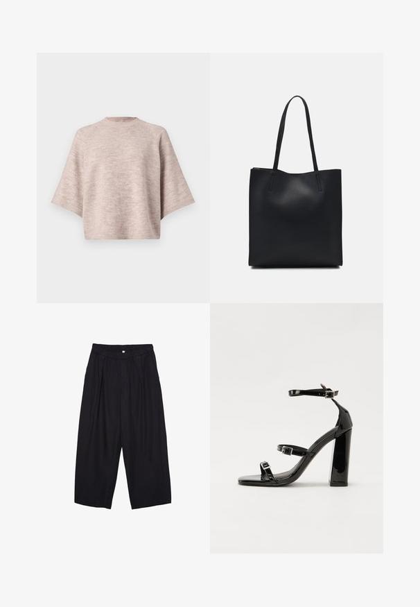 Maglione oversize rosa chiaro con scollo a giro, maniche larghe e texture morbida a maglia. Nessun motivo visibile o dettagli hardware.; Pantaloni culotte neri in poliestere con una cintura elastica, due pieghe frontali e una silhouette ampia. Nessun motivo visibile o dettagli in metallo.; Sandali con tacco in vernice nera, con punta squadrata, cinturini alla caviglia e fibbie in argento. Presentano un tacco a blocco spesso per maggiore stabilità.; Borsa tote in pelle nera con texture liscia, forma rettangolare e due manici lunghi. Nessun hardware o decorazione visibile.