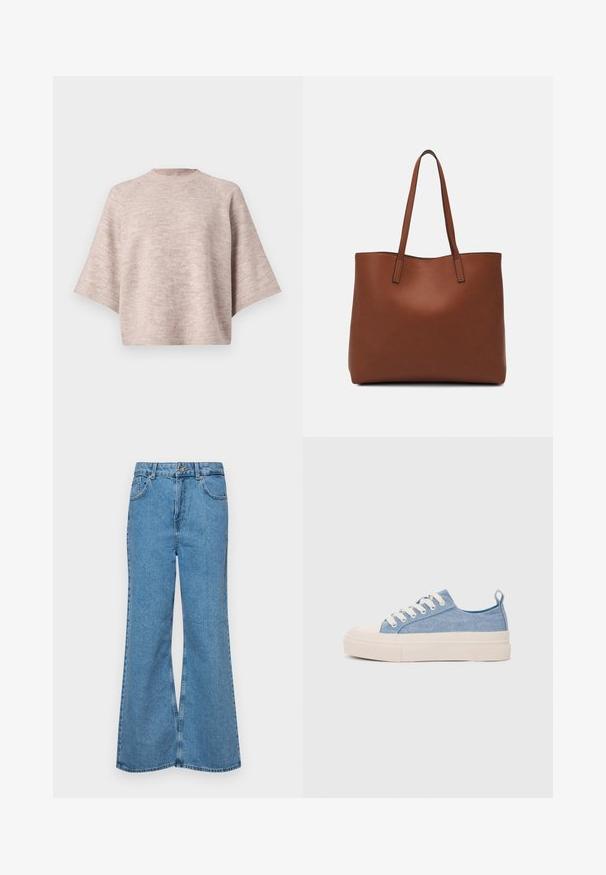 Pull oversized rose clair avec un col rond, des manches larges et une texture tricotée douce. Aucun motif ni détail en matériel visible.; Jean flare bleu clair en denim, avec une taille haute, cinq poches et une fermeture à un bouton. Texture douce avec une finition décolorée.; Baskets en toile bleu clair avec une coque en caoutchouc crème et une semelle extérieure, dotées de lacets blancs et d'une languette au talon.; Sac fourre-tout en cuir marron avec une texture lisse, design à ouverture supérieure et deux poignées pour le porter à l'épaule. Présente des coutures minimales et aucun matériel visible.