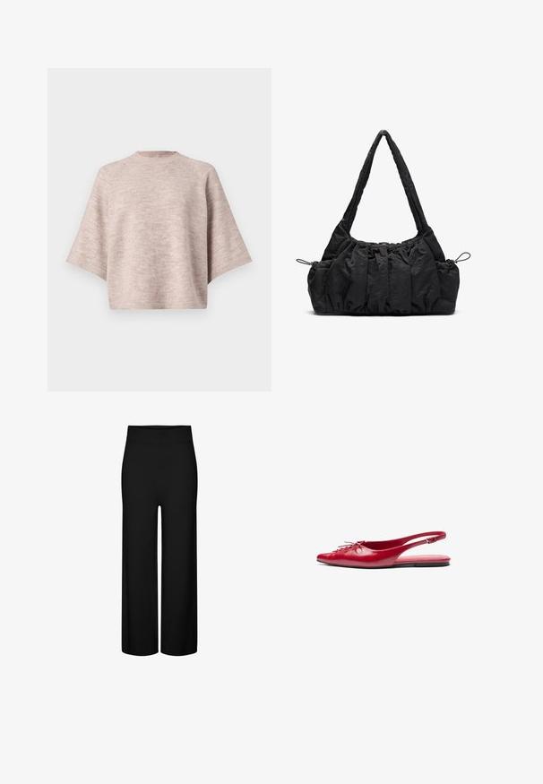 Lyserød oversized sweater med rund hals, brede ærmer og blød, strikket tekstur. Ingen synlige mønstre eller hardware detaljer.; Sorte brede bukser med en strækbar talje, der har en glat tekstur og ingen synlige mønstre eller accenter.; Rød læderslipper med åben hæl og spidse tæer samt en dekorativ snøredetalje foran, der har en slank ankelrem og flad sål.; Sort stof handbag med samlede strukturer, to skulderremme og snorelukning i siderne. Glat, let materiale.
