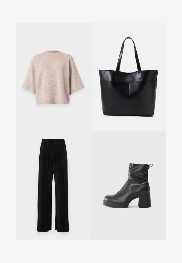 Light pink oversized sweater with a crew neckline, wide sleeves, and soft, knitted texture. No visible patterns or hardware details.; Black pleated trousers with an elastic waistband. Features wide legs and a smooth, textured fabric with vertical stripes.; Black ankle boots made of smooth leather, featuring a side zipper, chunky textured heel, and rounded toe design.; Black leather tote bag with two long handles, a smooth texture, and a structured shape. Features a front pocket for additional storage.