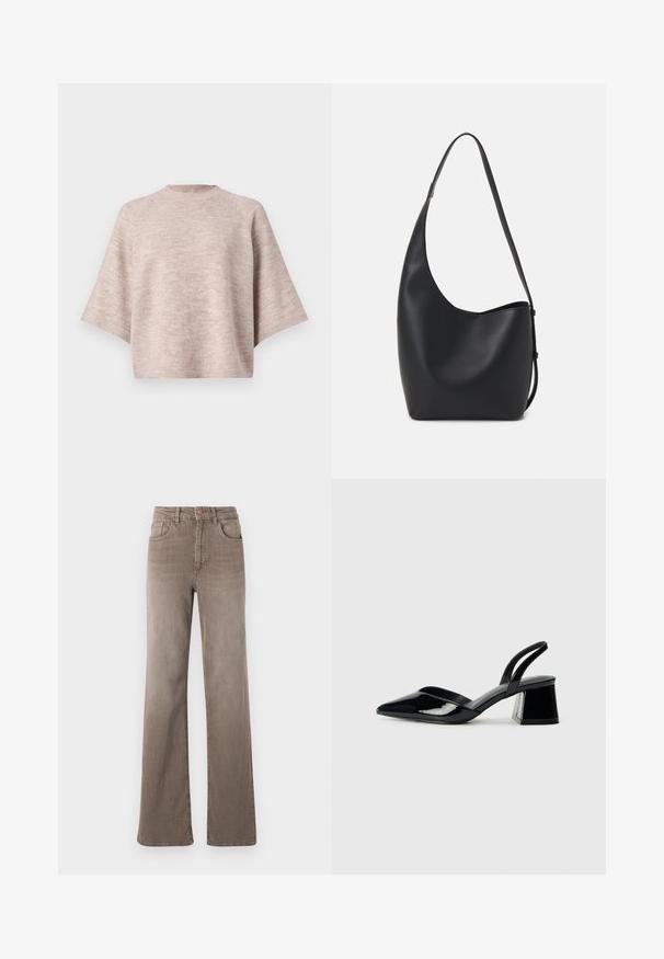 Maglione oversize rosa chiaro con scollo a giro, maniche larghe e texture morbida a maglia. Nessun motivo visibile o dettagli hardware.; Jeans dritti a vita alta marroni con bottone frontale, passanti per cintura e design classico a cinque tasche su sfondo bianco.; Décolleté in vernice nera con punta affusolata e tacco in geometria cubica. Presentano un design elegante e minimalista, con una texture liscia.; Borsa hobo nera in pelle con una superficie liscia, forma curvata e una singola tracolla regolabile; presenta un'ampia apertura nella parte superiore.