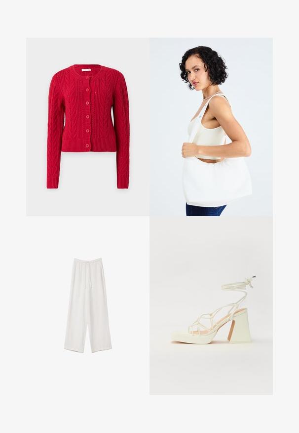 Crveno pleteni kardigan s okruglim izrezom, s uzorkom pletenice, rebrastim donjim dijelom i manžetama, te šest usklađenih crvenih gumba sprijeda.; Bijele hlače širokih nogavica napravljene od lagane tkanine. Imaju elastičan pojas s ušicom i bočne džepove. Glatka tekstura.; Bijela sandala na visokoj potpetici s debelim petom, s remenom i vezanjem oko gležnja. Glatka tekstura s platformom sprijeda za dodatnu visinu.; Bijela torba preko ramena izrađena od glatkog materijala, sa ovalnim izrezom i širokim remenom. Jednostavna i moderna, bez vidljivih metalnih dijelova.