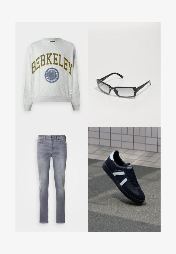 Gray sweatshirt featuring a yellow "BERKELEY" print and a blue seal graphic. Ribbed cuffs and hem, with a label on the lower left side.; Light grey denim jeans with a straight cut, featuring five pockets, brass button closure, and subtle fading on the legs.; Black leather sneaker with white stripes, textured rubber sole, and lace-up front. Features a branded label on the tongue.; Black rectangular sunglasses with a gradient lens, featuring a thick frame and metal accent details on the arms. Smooth texture throughout.
