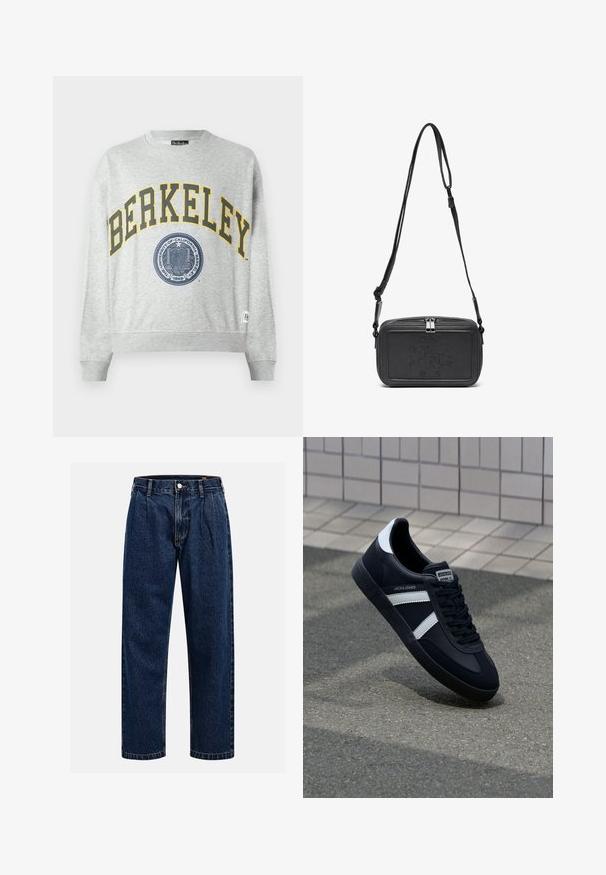 SWEATSHIRT gri cu un imprimeu galben "BERKELEY" și un grafic cu o siglă albastră. Cuff-uri și tiv cu nervuri, cu un eticheta pe partea stângă jos.; Jeans din denim albastru închis cu un design drept. Prezintă cusături vizibile, închidere cu buton și pliuri frontale pentru un detaliu suplimentar.; Sneaker din piele neagră cu dungi albe, talpă din cauciuc texturat și șireturi. Prezintă un eticheta de marcă pe limbă.; Geantă din piele neagră, tip crossbody, cu închidere cu fermoar, logo embosat pe față și curea ajustabilă. Textură netedă și formă rectangulară.