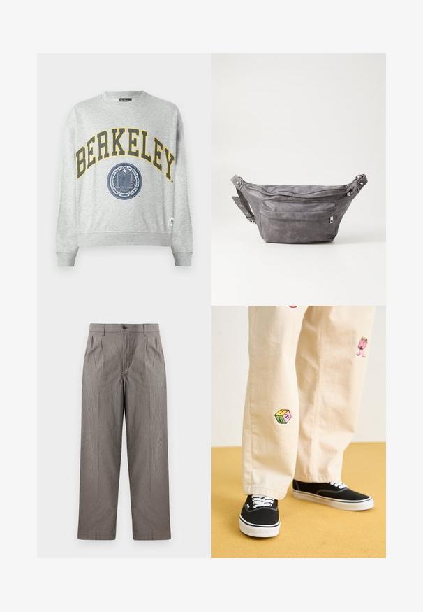 Hallikas dressipluus, millel on kollane "BERKELEY" trükk ja sinine pitserigraafika. Ribiga mansetid ja alumine ääreosa, vasakul all servas silt.; Hallid halli houndstooth-trükk mustriga püksid sirge lõikega, millel on voldid, nööbiga kinnitatav vöökoht ja küljetaskud.; Bežistestased püksid, millel on mängulised tikandid, sealhulgas roosa tegelane ja värvikad plokid, koos mustade nöörkingadega.; Hallikate nahast vöö kott, millel on ümar kuju, kaks tõmblukuga taskut ning reguleeritav rihm. Varustatud metallist detailide aktsentidega.