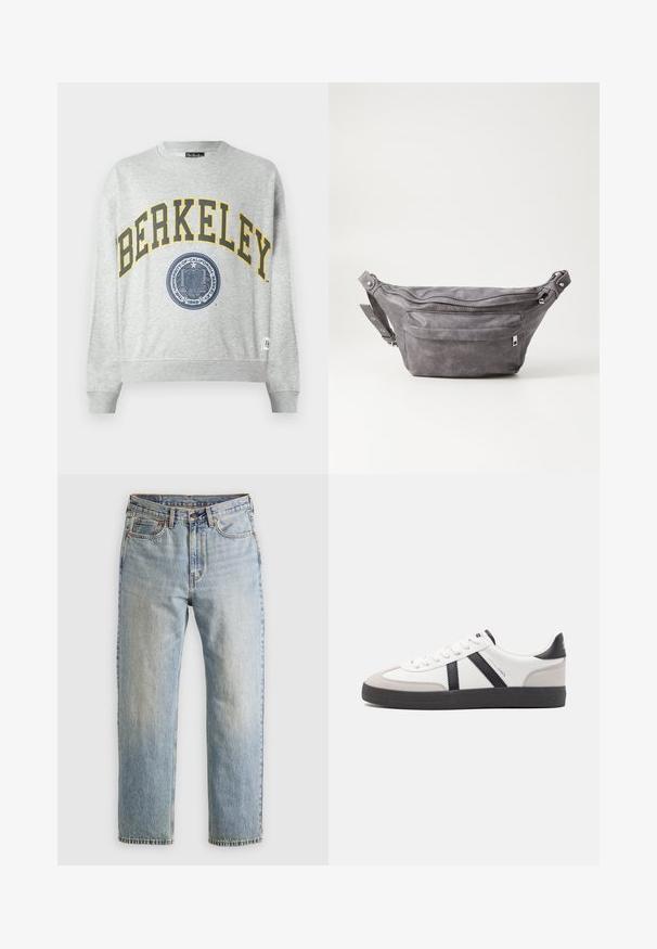 Felpa grigia con stampa gialla "BERKELEY" e grafica di un sigillo blu. Polsini e orlo a costine, con un'etichetta sul lato sinistro in basso.; Jeans in denim azzurro chiaro con vita alta, bottone anteriore, cerniera e design a cinque tasche, adagiati su uno sfondo neutro.; Sneaker bianco con accenti neri e grigi, dotata di una punta grigia testurizzata, suola in gomma nera e lacci bianchi piatti. Design pulito, stile minimalista.; Fanny pack in suede grigio con forma arrotondata, due scomparti con cerniera e tracolla regolabile. Presenta dettagli in metallo.