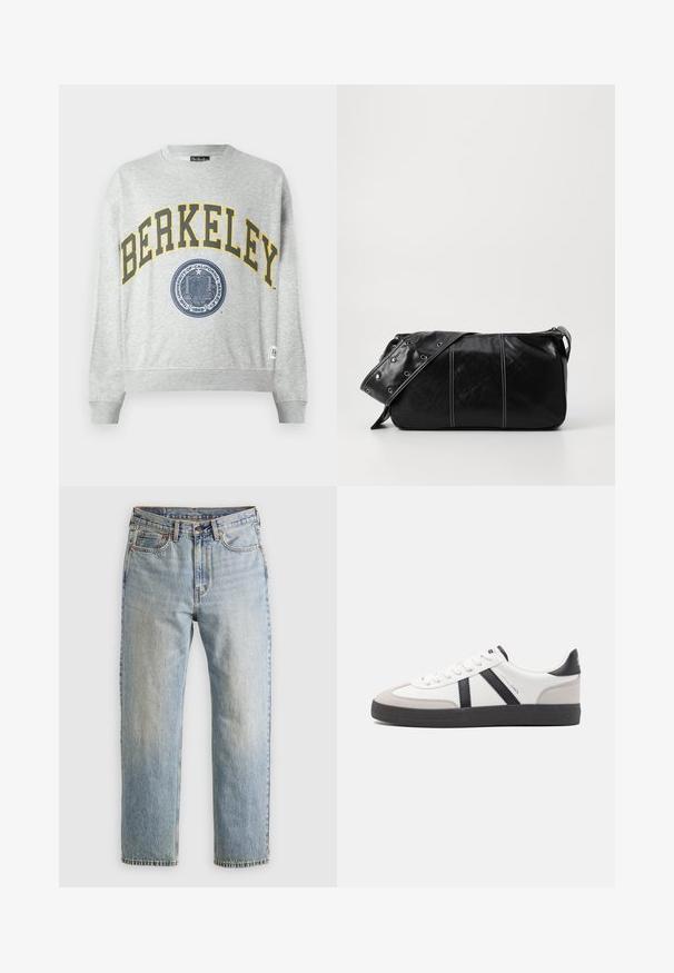 Gray sweatshirt featuring a yellow "BERKELEY" print and a blue seal graphic. Ribbed cuffs and hem, with a label on the lower left side.; Light blue denim jeans with high waist, front button, zipper, and five-pocket design, laid flat on a neutral background.; White sneaker with black and gray accents, featuring a textured gray toe cap, black rubber sole, and flat white laces. Clean design, minimalist style.; Black leather shoulder bag with a zip closure, featuring a textured body, white stitching, and a strap with silver grommets.