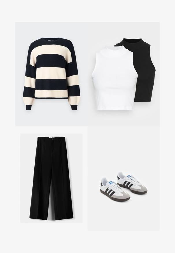 Pruhovaný sveter s širokými horizontálnymi pruhmi v námořníckej modrej a smotanovej farbe. Ribovaný výstrih a manžety s voľným strihom. Mäkkučká textúra.; Dve bezrukávové rebrované roláky v čiernej a bielej farbe, pričom majú priliehavý strih a hladkú textúru, s krátkou dĺžkou.; Čierne široké nohavice z ľahkého materiálu, s predným zapínaním na gombík a plochým predným dielom, s pekne ušitými lemami.; Športové topánky s bielym koženým zvrškom, šedou semišovou špičkou a tromi čiernymi pruhmi. Obsahujú modré logo na jazyku a štruktúrovanú gumovú podrážku.