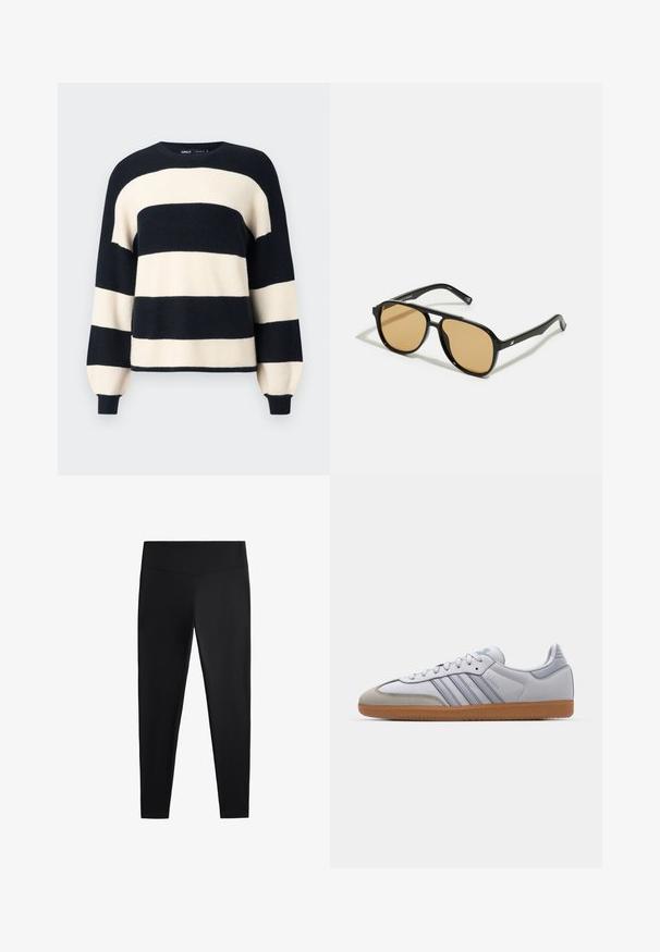 Randig tröja med breda marinblå och krämfärgade horisontella ränder. Ribbade avslut vid halsringning och ärmslut med en avslappnad passform. Mjuk textur.; Svarta leggings av ett slätt, stretchigt tyg. Har en bred midja och design med avsmalnande ben, lämpliga för aktiv eller avslappnad användning.; Vita lädersneakers med ljusblå accenter, grå mocka tå och en brun gummisula. Har tre blå ränder och "Samba"-logotyp.; Svarta solglasögon med bruna tonade linser; rektangulär form med en tjock ram, inklusive subtila detaljer av metall vid glasögonbågarna.